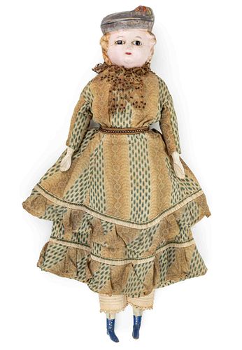 WAX OVER PAPIER MACHE / COMPOSITION AND WOODEN CHILD DOLL