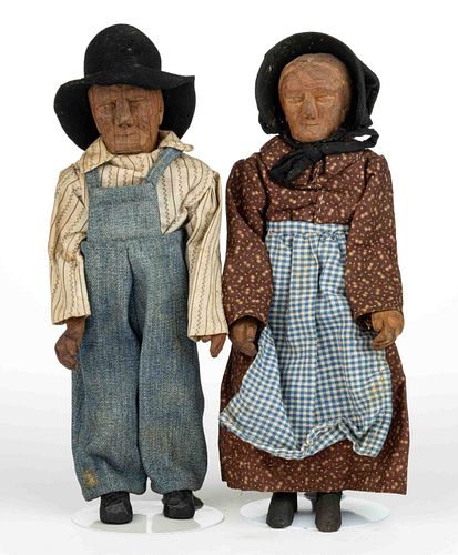 POLLY PAGE, ATTRIBUTED, TENNESSEE FOLK ART HAND-CARVED MAN AND WOMAN DOLL PAIR