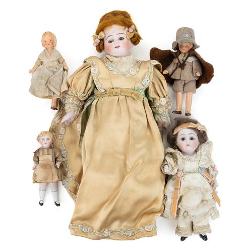 ASSORTED BISQUE AND COMPOSITION DOLLS, LOT OF FIVE