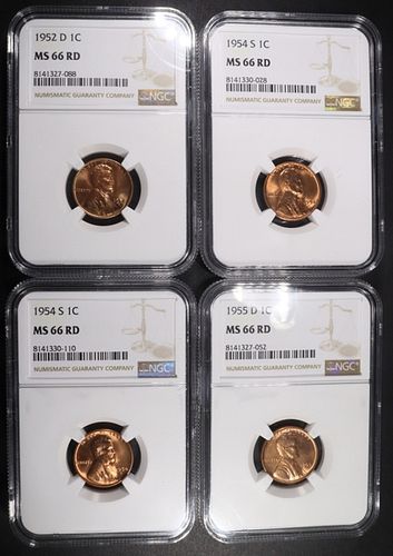 1952-D,(2) 1954-S,1955-D LINCOLN CENTS NGC MS66 RD