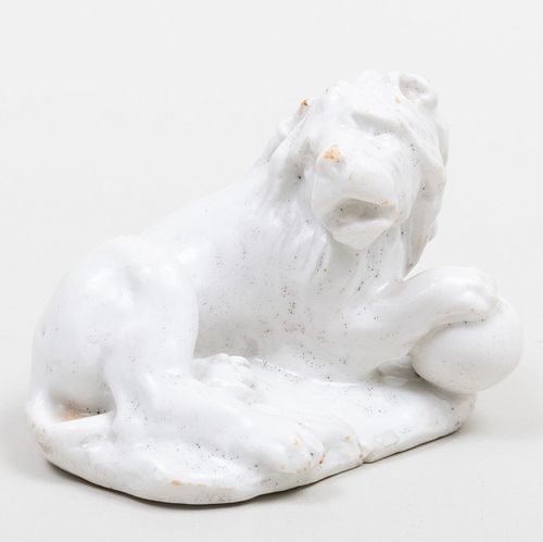 French White Glazed Porcelain Model of a Lion