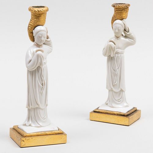 Pair of Chinese White Glazed Porcelain Ormolu-Mounted Candlesticks