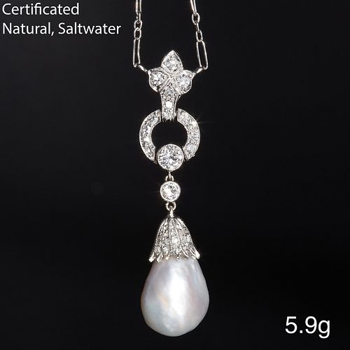 IMPRESSIVE NATURAL SALTWATER PEARL AND DIAMOND PENDANT NECKLACE