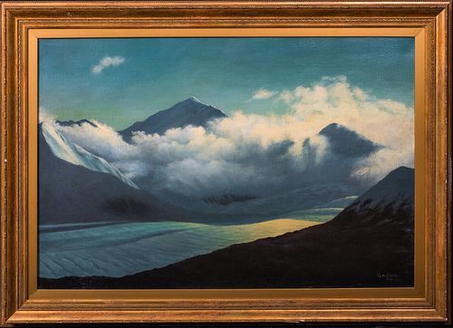 VIEW OF CLOUDS OVER A RIVER VALLEY OIL PAINTING