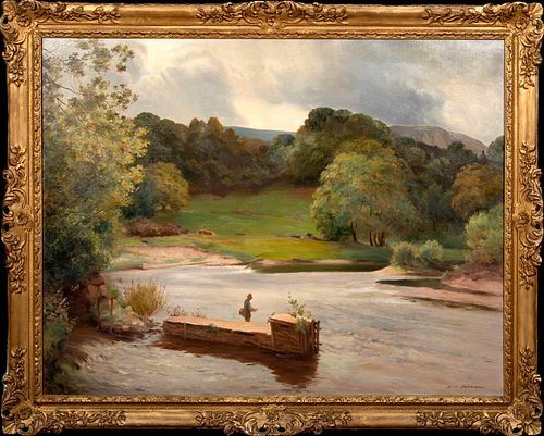  VIEW OF A FIGURE FLY FISHING AT ABER CLYDACH OIL PAINTING
