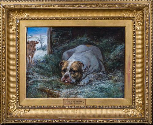BULLDOG IN A MANGER OIL PAINTING
