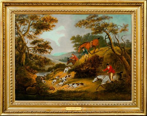 FOX HUNT SCENE FOX HOUNDS & HUNTING PARTY OIL PAINTING