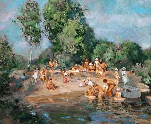 CHILDREN PLAYING BY THE RIVER OIL PAINTING