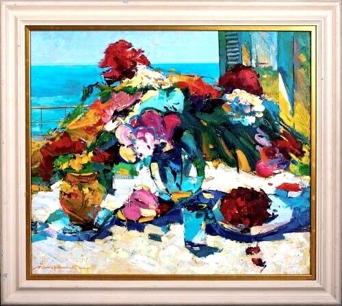  STILL LIFE OF FLOWERS BY A WINDOW OIL PAINTING