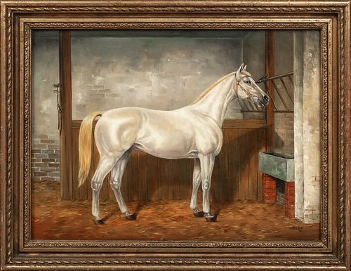 PORTRAIT OF A WHITE/GREY HORSE OIL PAINTING
