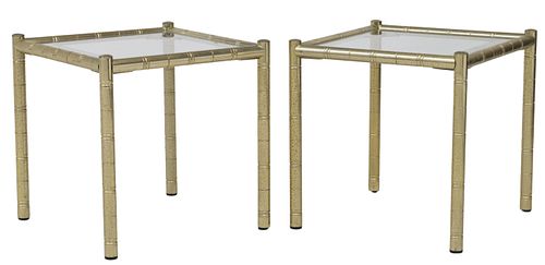 (2) FRENCH GILT METAL & MIRRORED GLASS FAUX BAMBOO SIDE TABLES