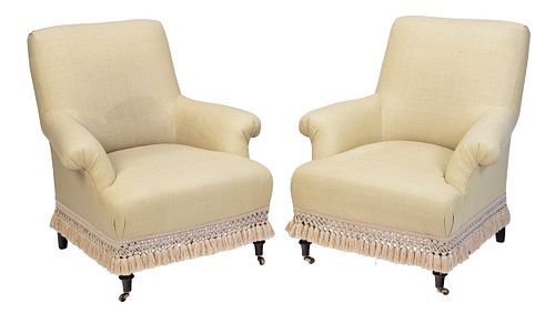 Pair of Georgian Style Linen Upholstered Club Chairs