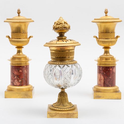 Pair of Empire Ormolu and Marble Campana-Shape Cassolettes and An Empire Ormolu and Glass Brûle-parfum 