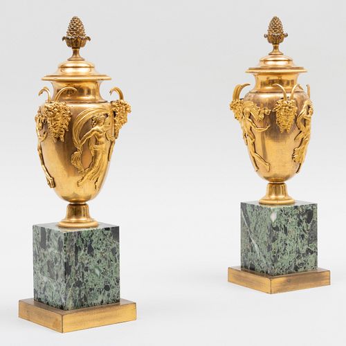 Pair of Louis XVI Ormolu and Marble Covered Urns with Satyr Masks