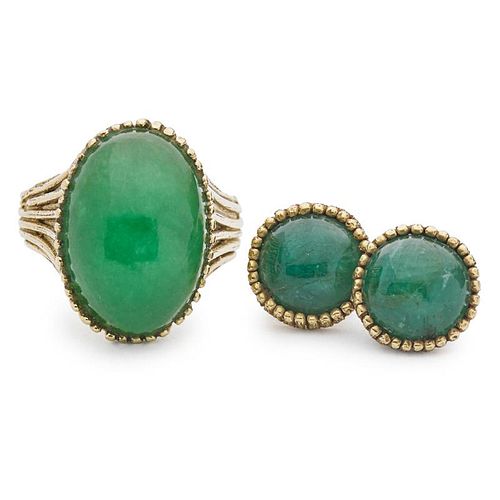 ED WIENER Jade ring and emerald earrings