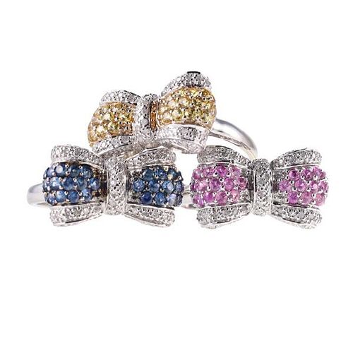 14k Gold Multi Color Sapphire Diamond Bow Ring Set 