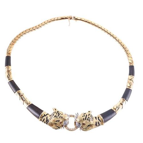 18k Two Tone Gold Diamond Ruby Enamel Leopard Necklace