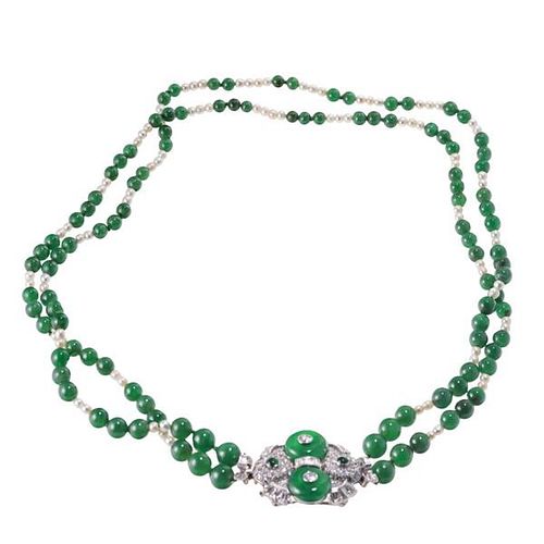 Platinum Diamond Jade Pearl Brooch Pendant Necklace 