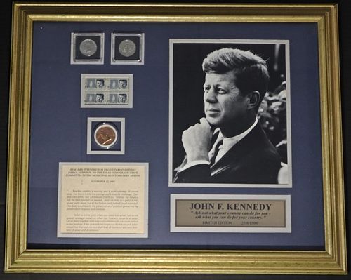 JOHN F KENNEDY COIN & STAMP SET IN FRAME