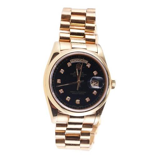 Rolex President 18k Gold Diamond Day Date Black Dial Watch 18038