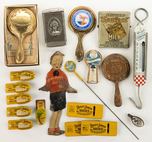 ASSORTED METAL ADVERTISING ITEMS / PREMIUMS, LOT OF 19