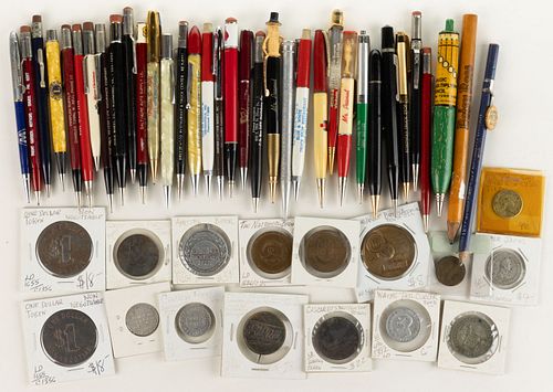 ASSORTED ADVERTISING TOKENS AND PENS / PENCILS, LOT OF 51