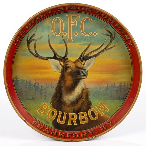 PRE-PROHIBITION GEO. T. STAGG COMPANY (FRANKFORT, KENTUCKY) O.F.C. BOURBON METAL ADVERTISING SERVING TRAY