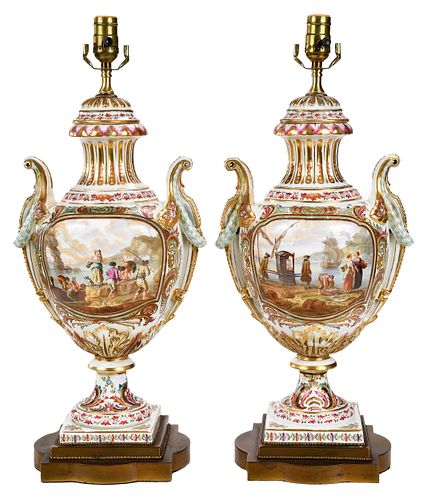 Two Gilt Decorated Porcelain Urns Mounted as Lamps