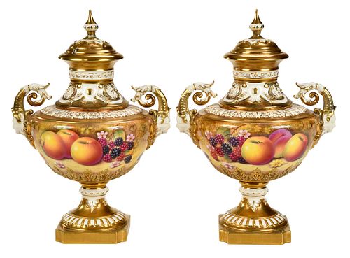 Pair of Royal Worcester Porcelain Lidded Fruit Urns
