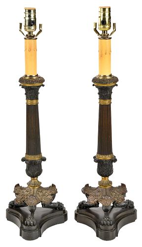 Pair of French Empire Style Column Form Lamps