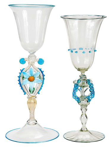 Two Large Venetian Clear and Blue Glass Goblets