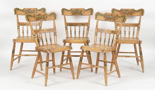 Five Pennsylvania Painted Half Spindle Back Plank Seat Chairs