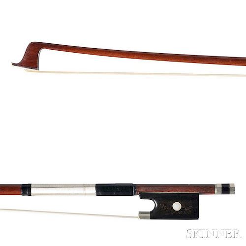 French Nickel-mounted Violin Bow, the round stick stamped J.HEL A LILLE, weight 58 grams.