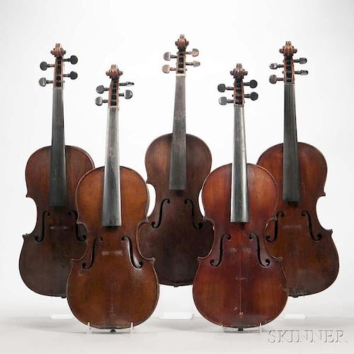 Five Violins, length of back 360, 354, 359, 359, and 358 mm.