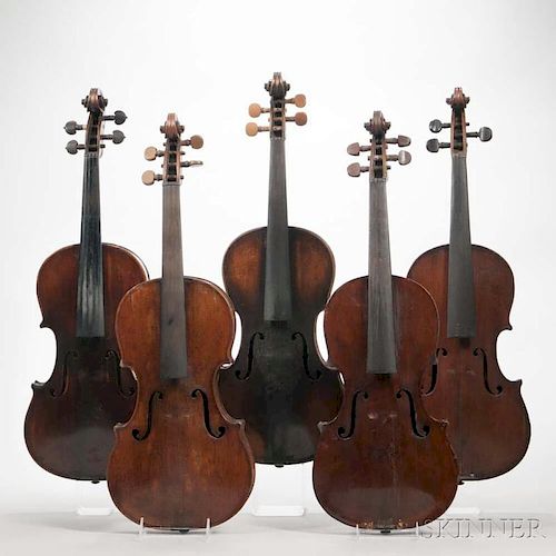 Five Violins, length of back 353, 355, 358, 358, and 359 mm.