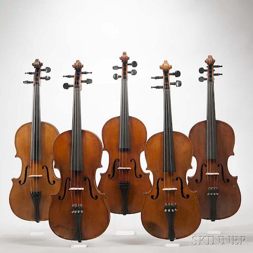 Five Violins, length of back 357, 361, 362, 354, and 368 mm.