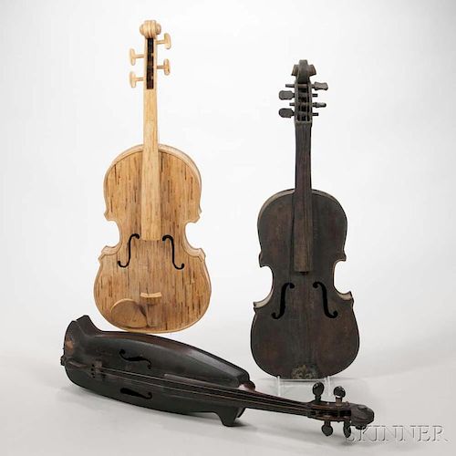 Three Folk Art Violins, including: a prison art matchstick violin, a metal violin, and a mute violin labeled MADE BY ABRAM JA