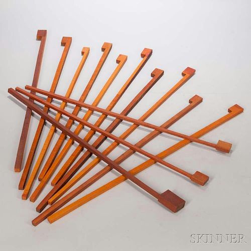 Thirteen Pernambuco Bow Blanks, the carton with bowmaker's notes, weight 5.2 lbs.Provenance: The estate of Randy L. Steenburg