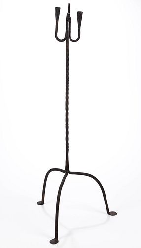 WROUGHT-IRON COMBINATION FLOOR CANDLE AND RUSHLIGHT HOLDER