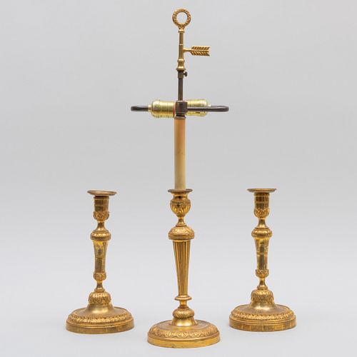 Louis XVI Style Ormolu Candlestick Lamp and A Pair of Louis XVI Style Ormolu Candlesticks