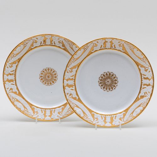 Pair of Sevres Style Parcel Gilt Biscuit Porcelain Cabinet Plates