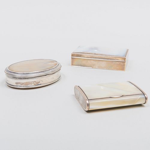 Group of Three Silver Mounted Mother-of-Pearl Snuff Boxes