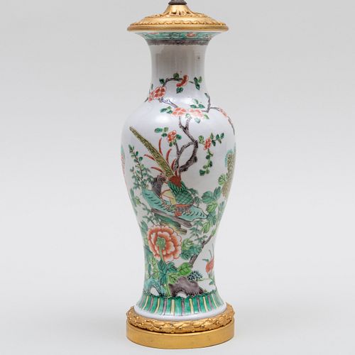 Chinese Famille Vert Porcelain Ormolu-Mounted Vase Mounted as a Table Lamp