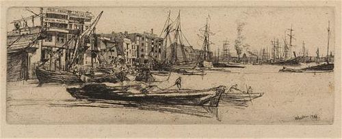 * James Abbott McNeill Whistler, (American, 1834-1903), Thames Warehouses (from the Thames Set), 1859