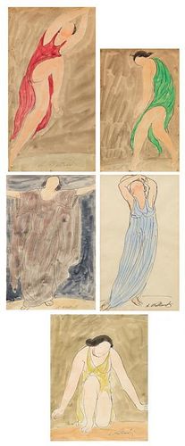 Abraham Walkowitz, (American, 1878 - 1965), Isadora Duncan Dancers (a group of five works)