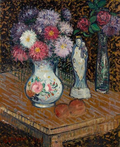 * Gustave Loiseau, (French, 1865 - 1935), Vase de fleurs et statuettes, 1908
