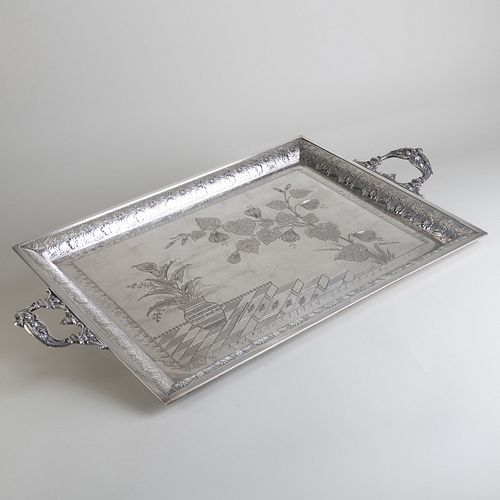 Silver Plate Rectangular Tray Engraved with Flora