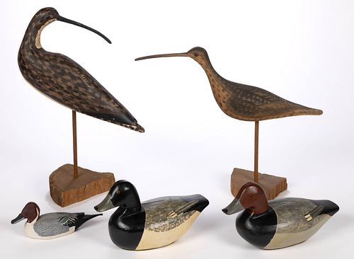 AMERICAN FOLK ART CARVED AND PAINTED DUCK / SHOREBIRD DECOYS, LOT OF FIVE
