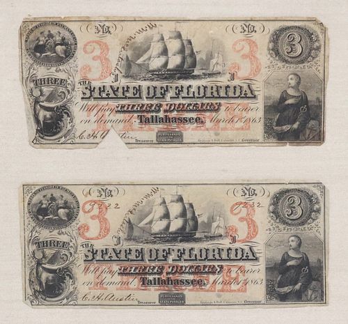  (2) FLORIDA CSA $3 CURRENCY, 1863
