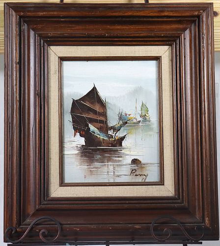 P. WONG Oil Painting Canvas Framed Seascape Nautical Junk Boats